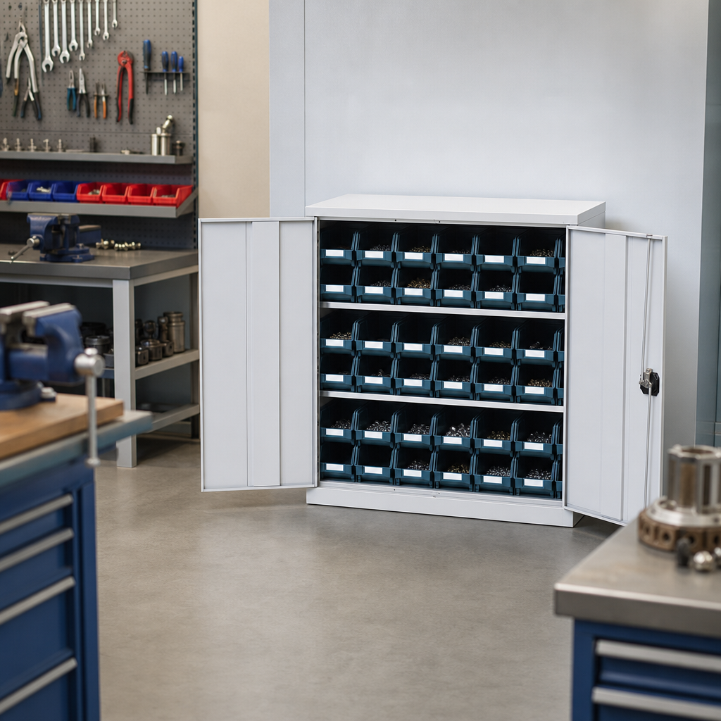 Lockable Bin Cupboard with 36 Storage Bins