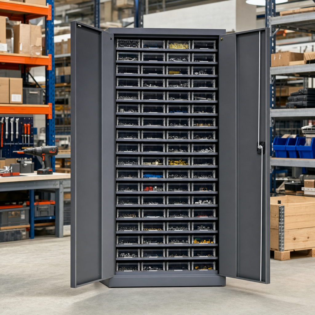 Lockable Cupboard with 63 Shallow Storage Trays