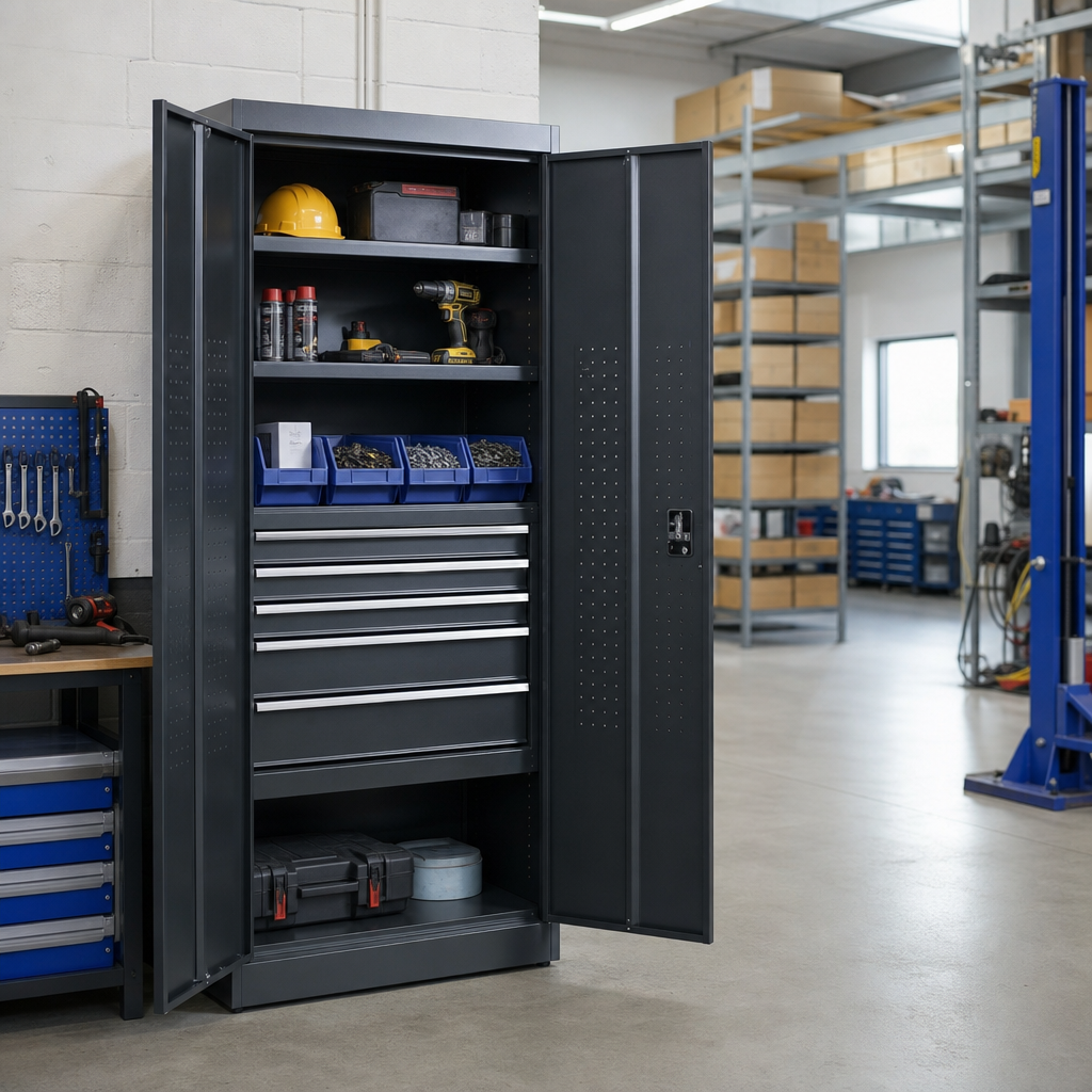 Lockable Metal Tool Cupboard with Drawers and Shelves