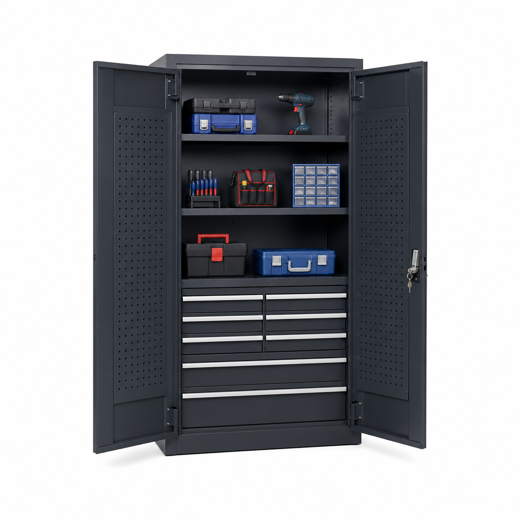 Lockable Metal Tool Cupboard with Drawers and Shelves