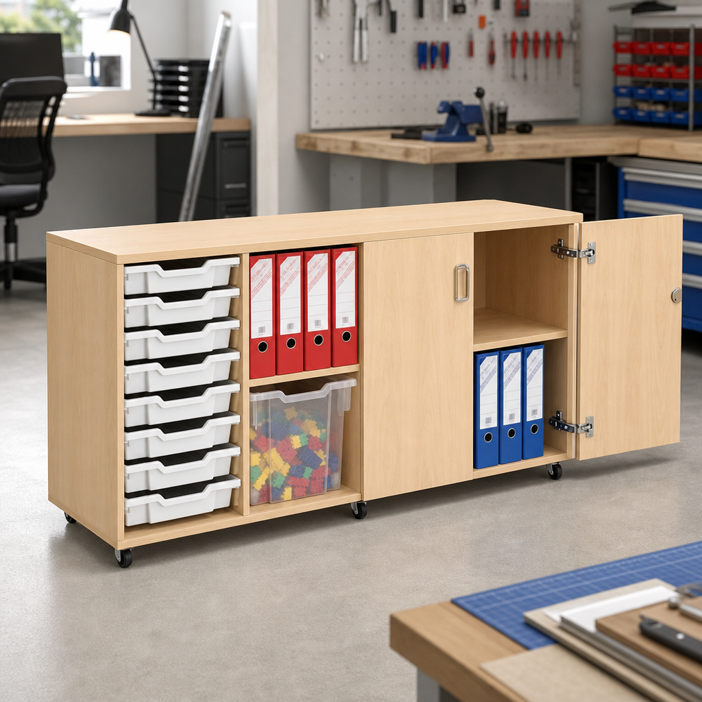 Lockable Mobile Wooden Tray Storage Unit with 8 Trays