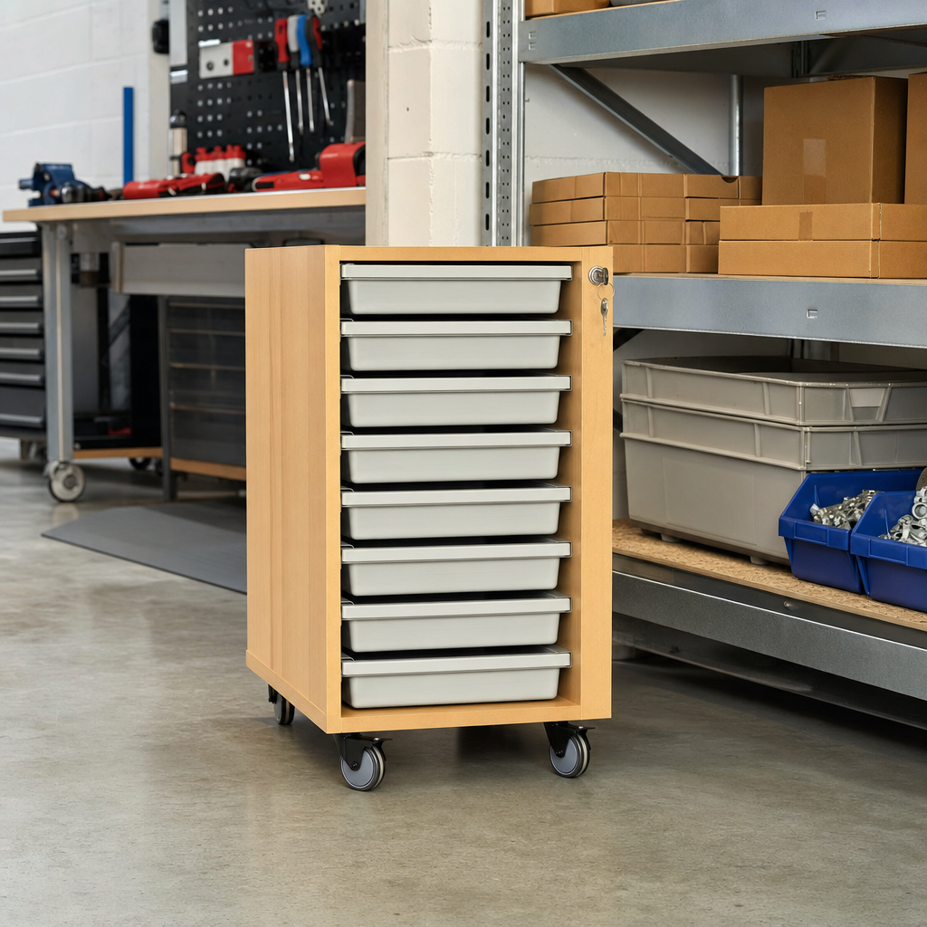 Lockable Mobile Wooden Tray Storage Unit with 8 Trays