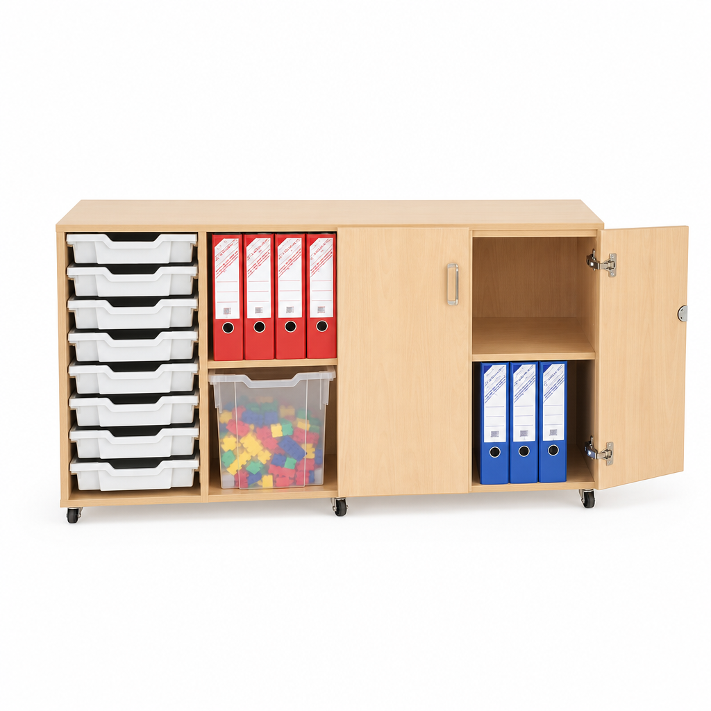 Lockable Mobile Wooden Tray Storage Unit with 8 Trays