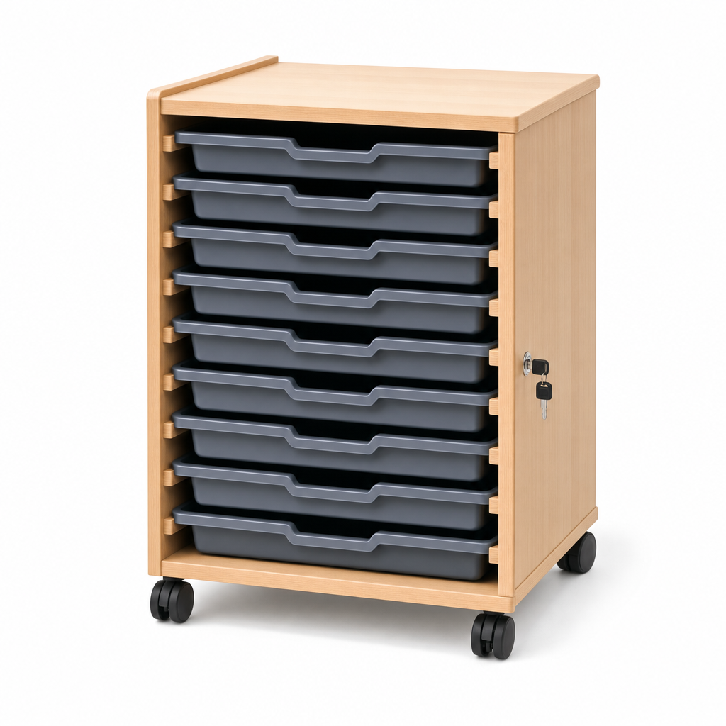 Lockable Mobile Wooden Tray Storage Unit with 8 Trays