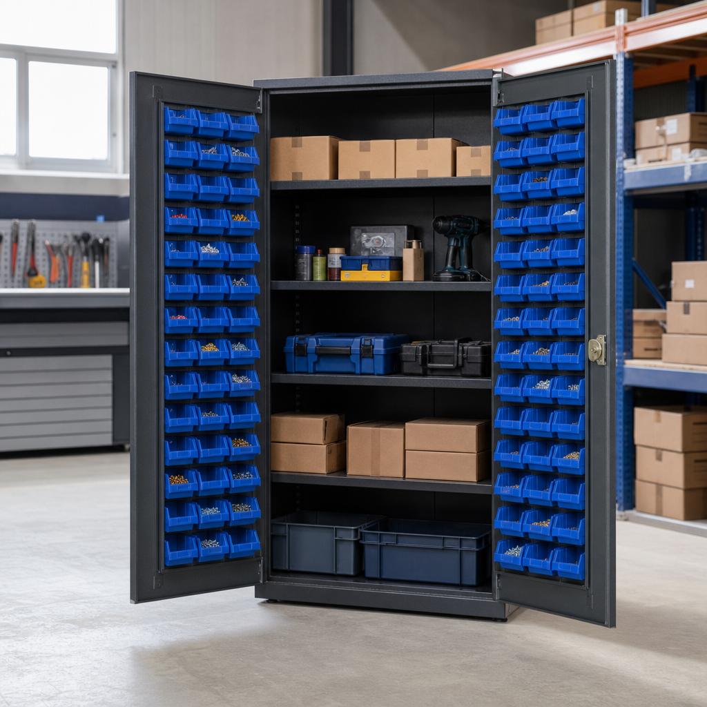 Lockable Storage Cupboard with 44 Bins and Shelves