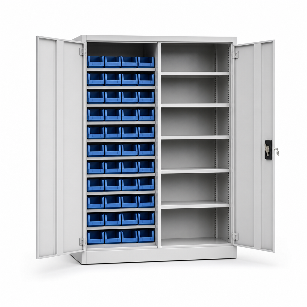 Lockable Storage Cupboard with 44 Bins and Shelves