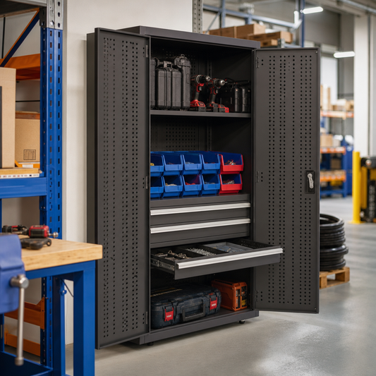 Lockable Tool Cupboard with Perforated Doors, Shelf and Drawers