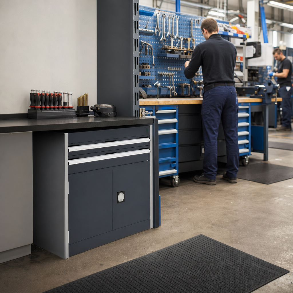Lockable Tool Cupboard with Perforated Doors, Shelf and Drawers