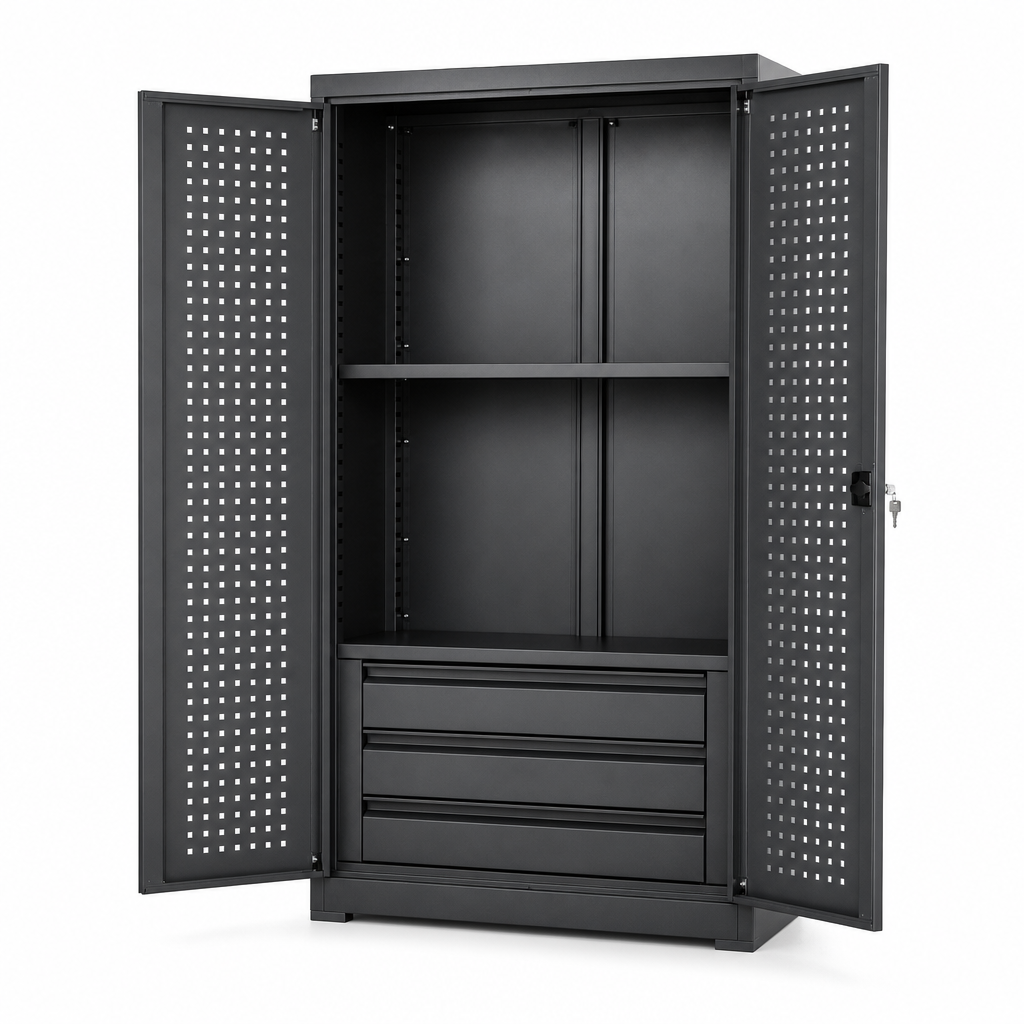 Lockable Tool Cupboard with Perforated Doors, Shelf and Drawers