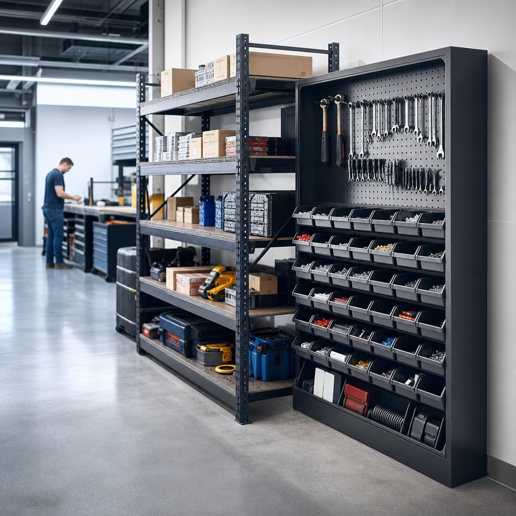 Louvre and Perforated Panel Workshop Storage Cabinet with 43 Bins