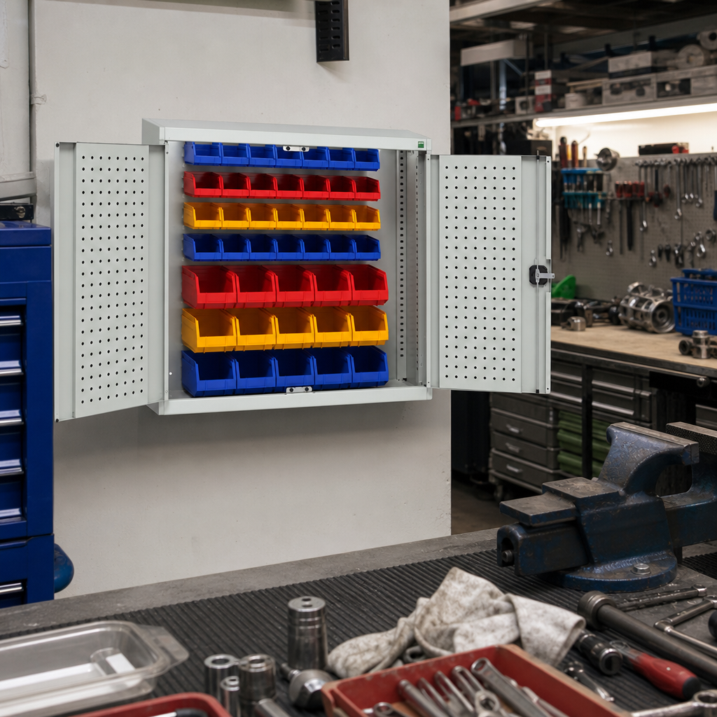 Louvre and Perforated Panel Workshop Storage Cabinet with 43 Bins