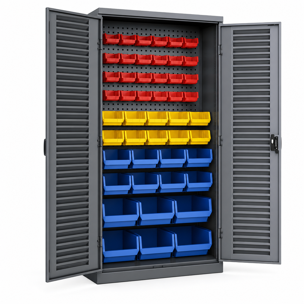 Louvre and Perforated Panel Workshop Storage Cabinet with 43 Bins