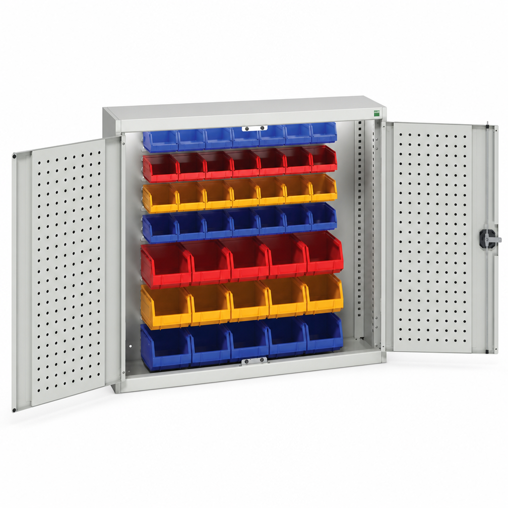 Louvre and Perforated Panel Workshop Storage Cabinet with 43 Bins