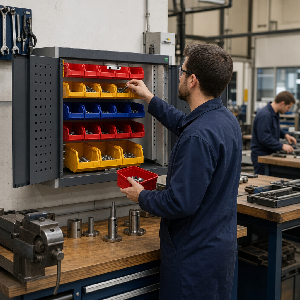 Louvre and Perforated Workshop Storage Cabinet with 23 Bins
