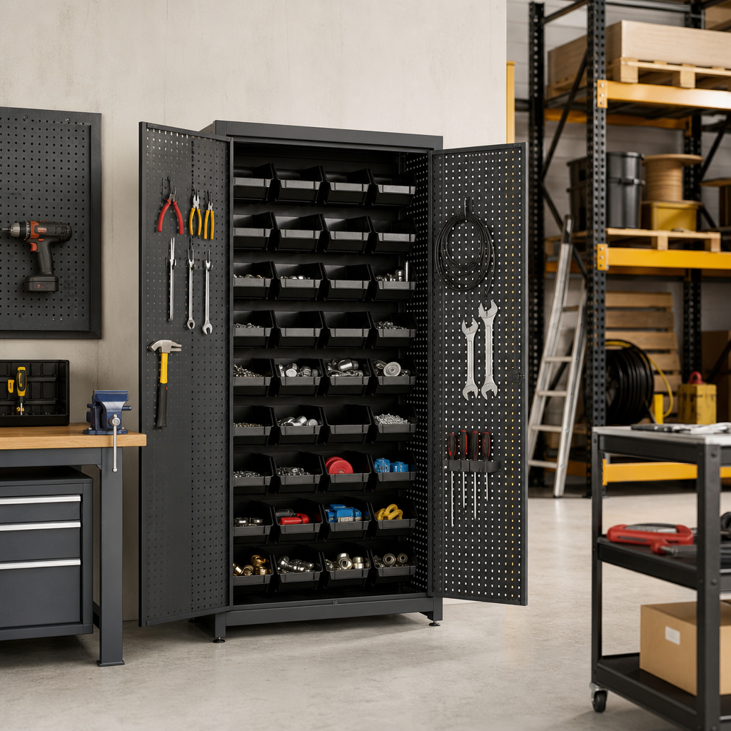 Louvre and Perforated Workshop Storage Cabinet with 23 Bins