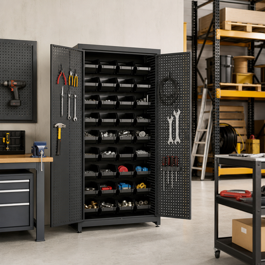 Louvre and Perforated Workshop Storage Cabinet with 23 Bins