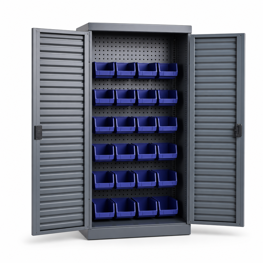 Louvre and Perforated Workshop Storage Cabinet with 23 Bins
