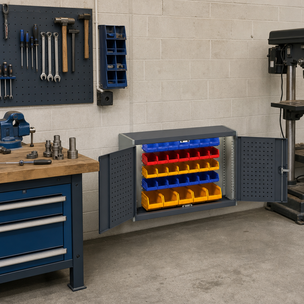 Louvre and Perforated Workshop Storage Cabinet with 33 Bins