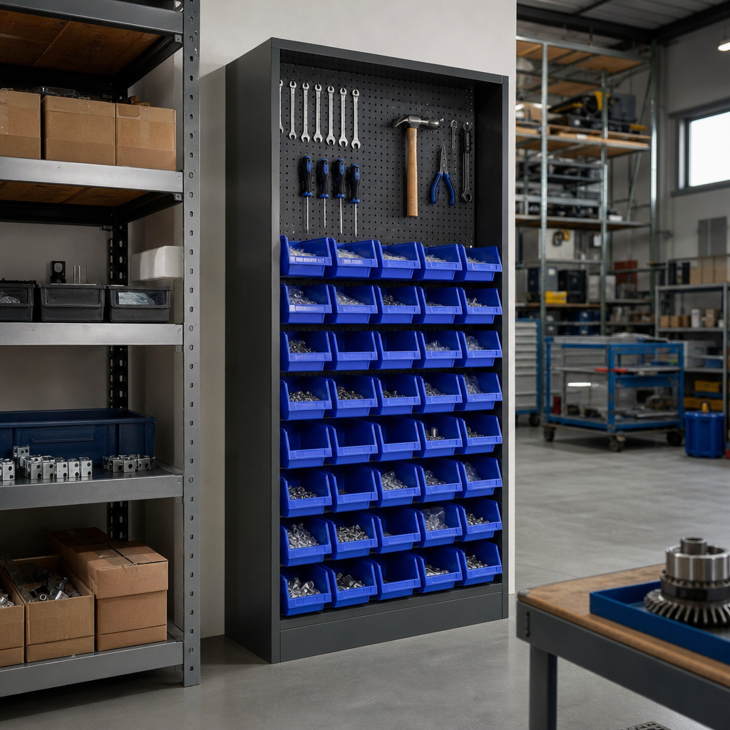 Louvre and Perforated Workshop Storage Cabinet with 33 Bins