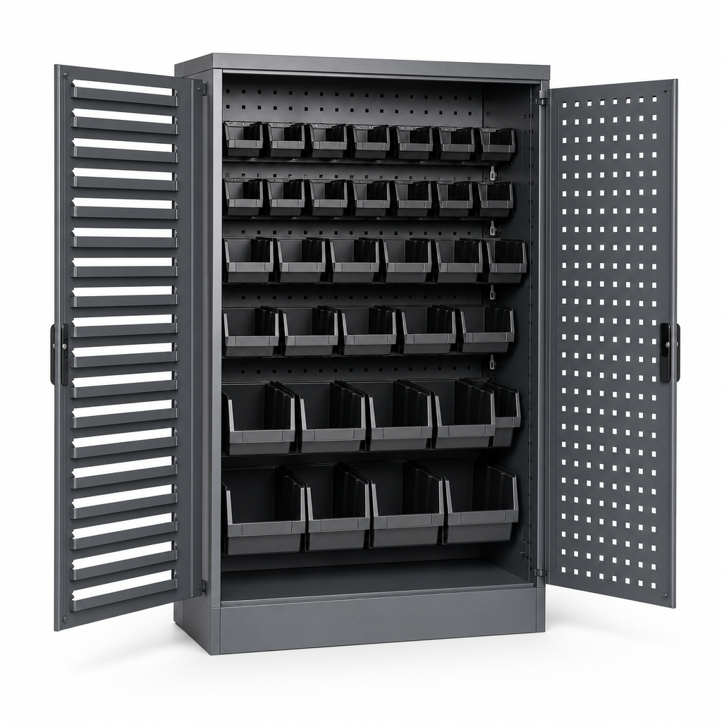 Louvre and Perforated Workshop Storage Cabinet with 33 Bins