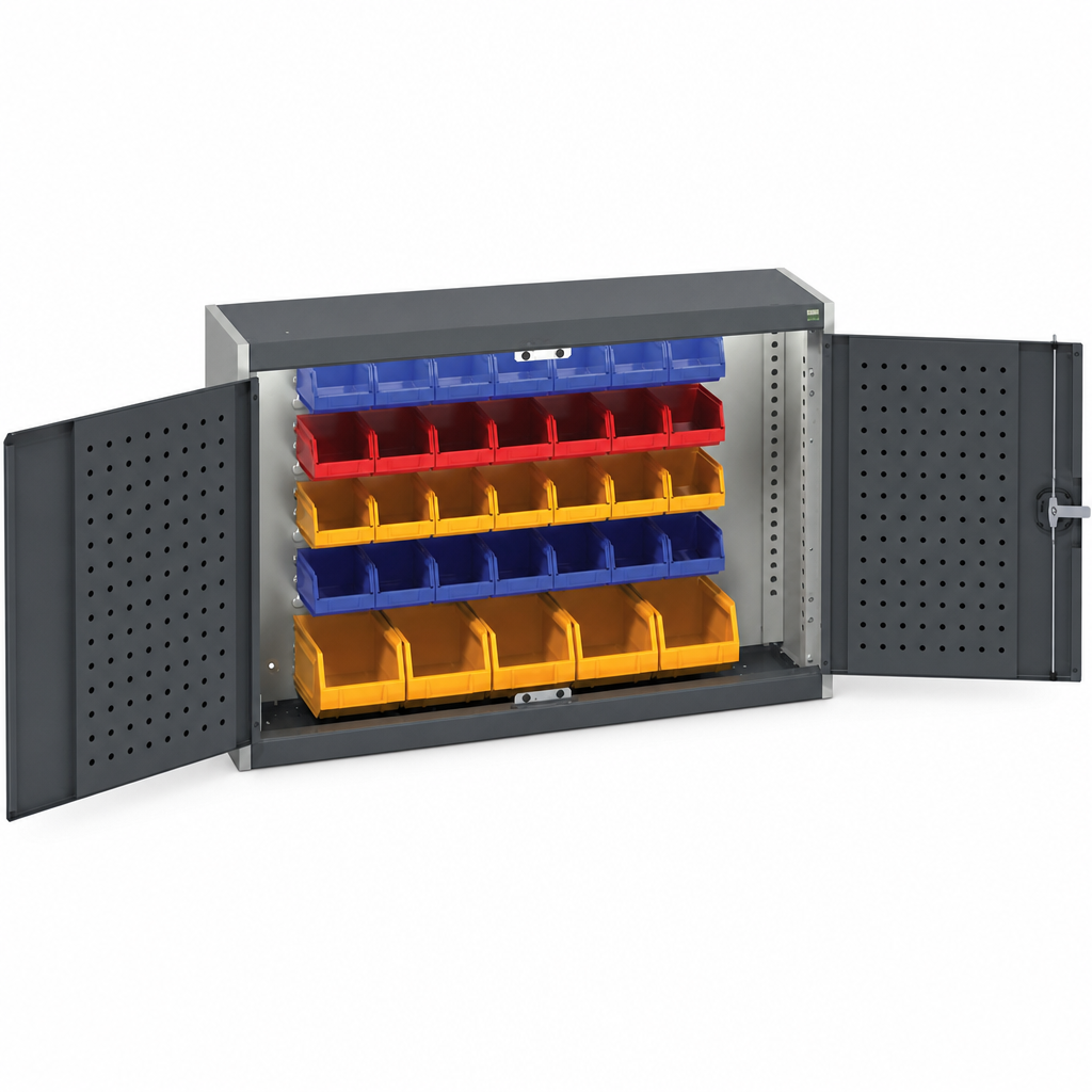 Louvre and Perforated Workshop Storage Cabinet with 33 Bins