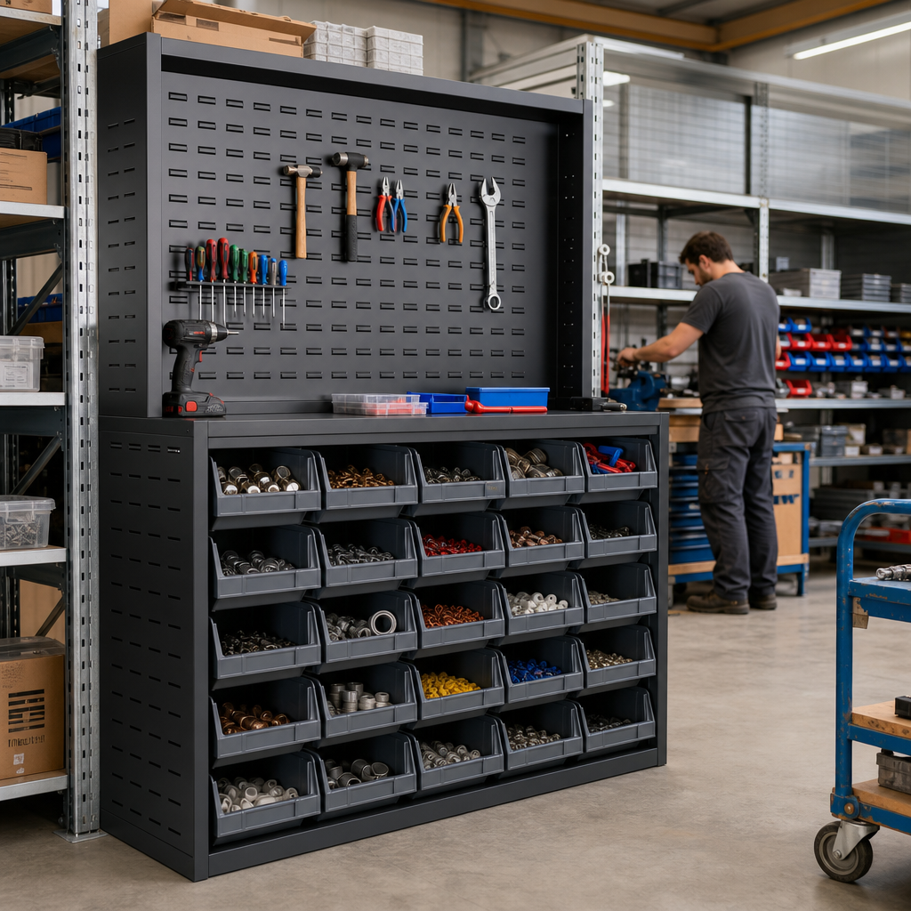 Louvred Panel Workshop Cabinet with 18 Storage Bins 2000x1300mm