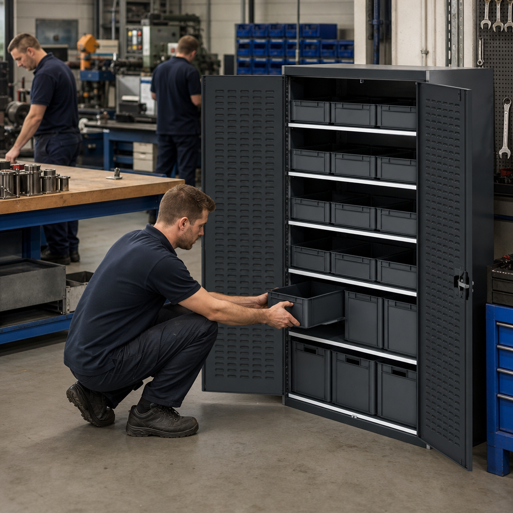 Louvred Panel Workshop Cabinet with 18 Storage Bins 2000x1300mm