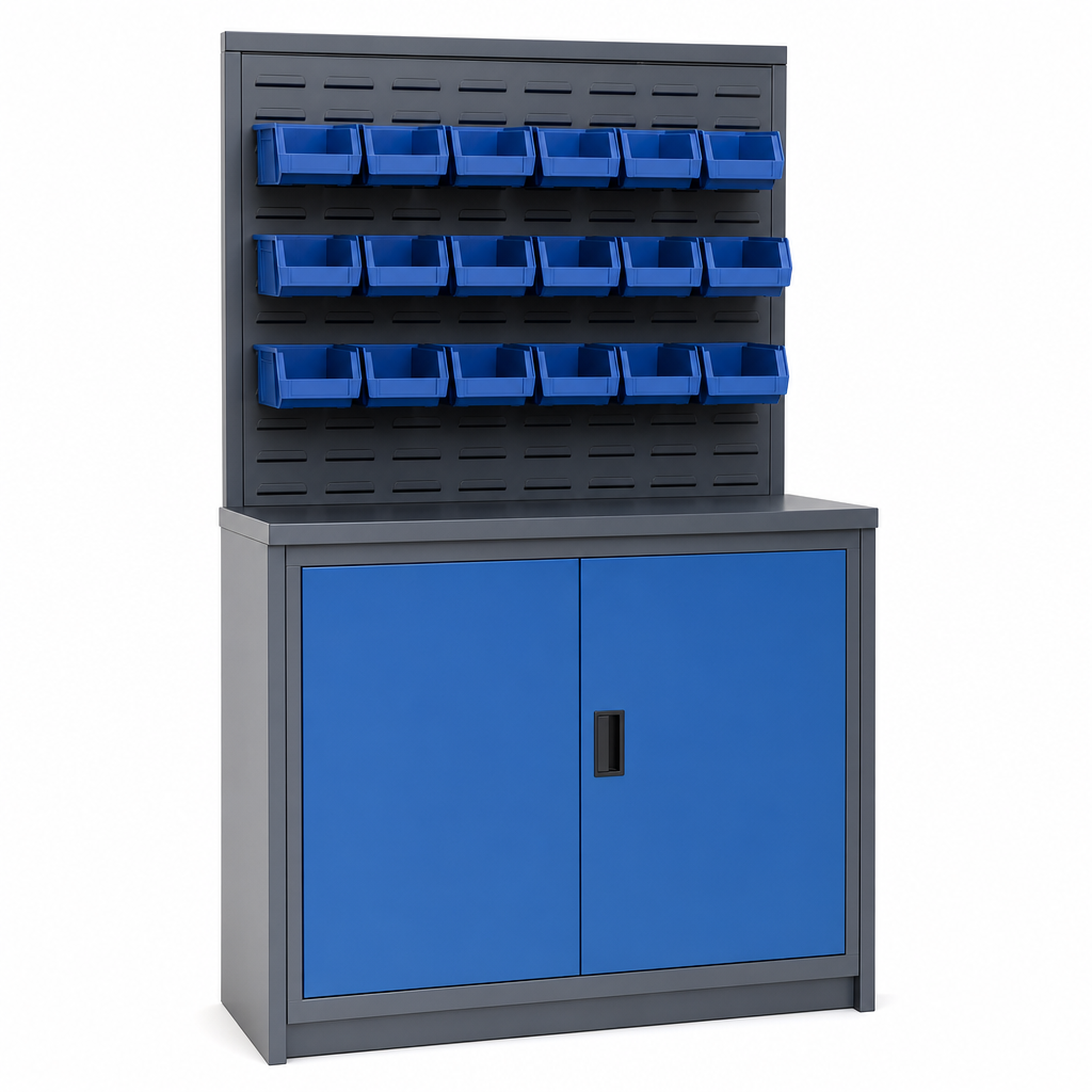 Louvred Panel Workshop Cabinet with 18 Storage Bins 2000x1300mm