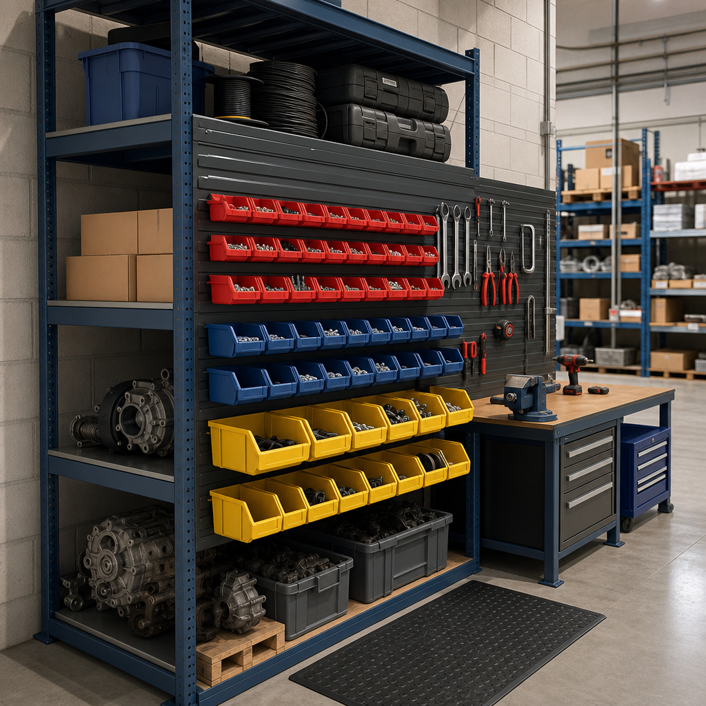 Louvred Storage Panels with Plastic Parts Bins