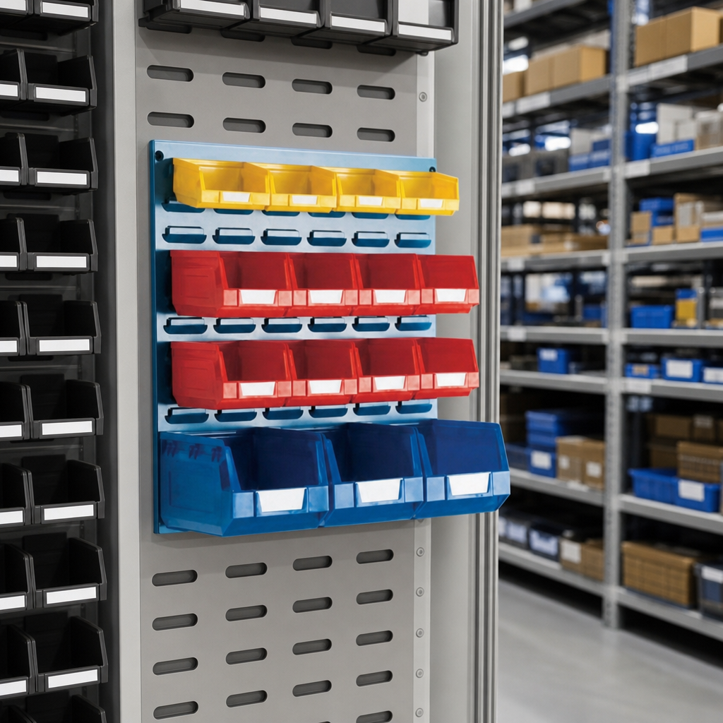 Louvred Storage Panels with Plastic Parts Bins