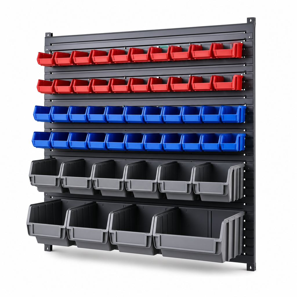 Louvred Storage Panels with Plastic Parts Bins