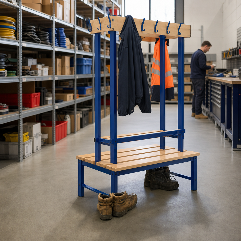 Low Double-Sided Changing Room Bench with Coat Rail