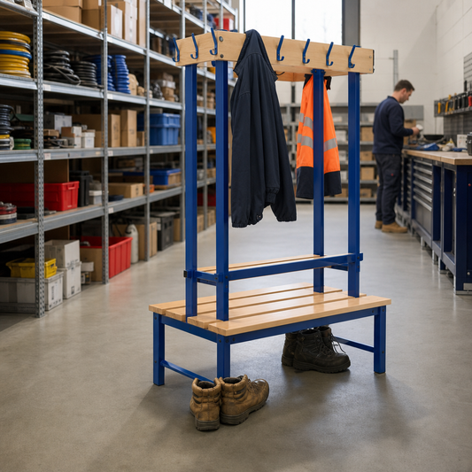 Low Double-Sided Changing Room Bench with Coat Rail