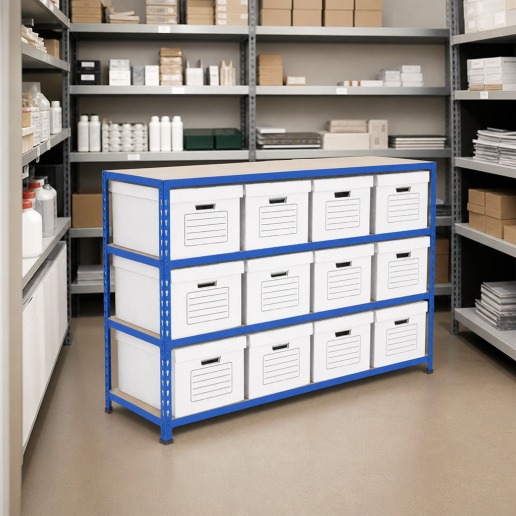 Low Level Archive Shelving with 12 Economy Document Boxes