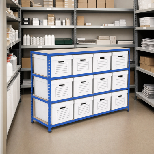 Low Level Archive Shelving with 12 Economy Document Boxes