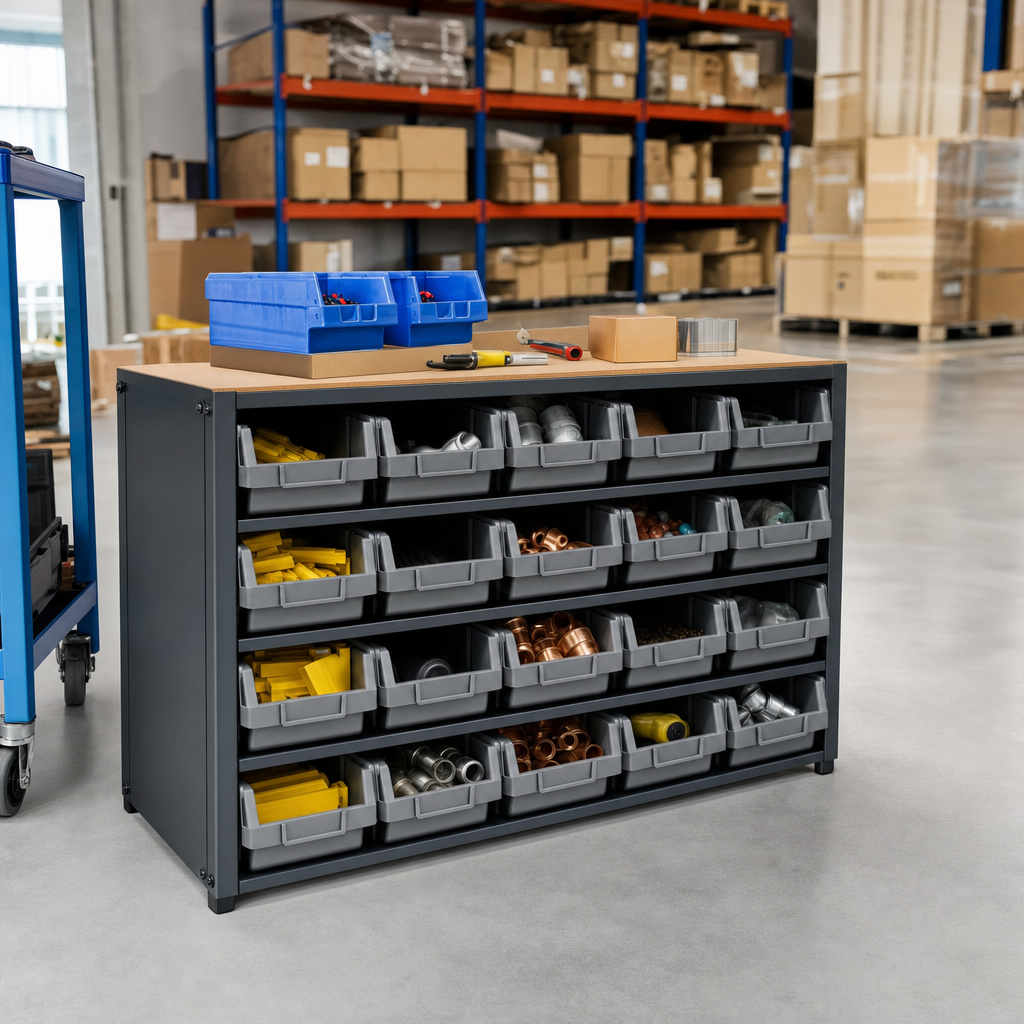 Low Level Shelving Unit with 18 Plastic Storage Trays