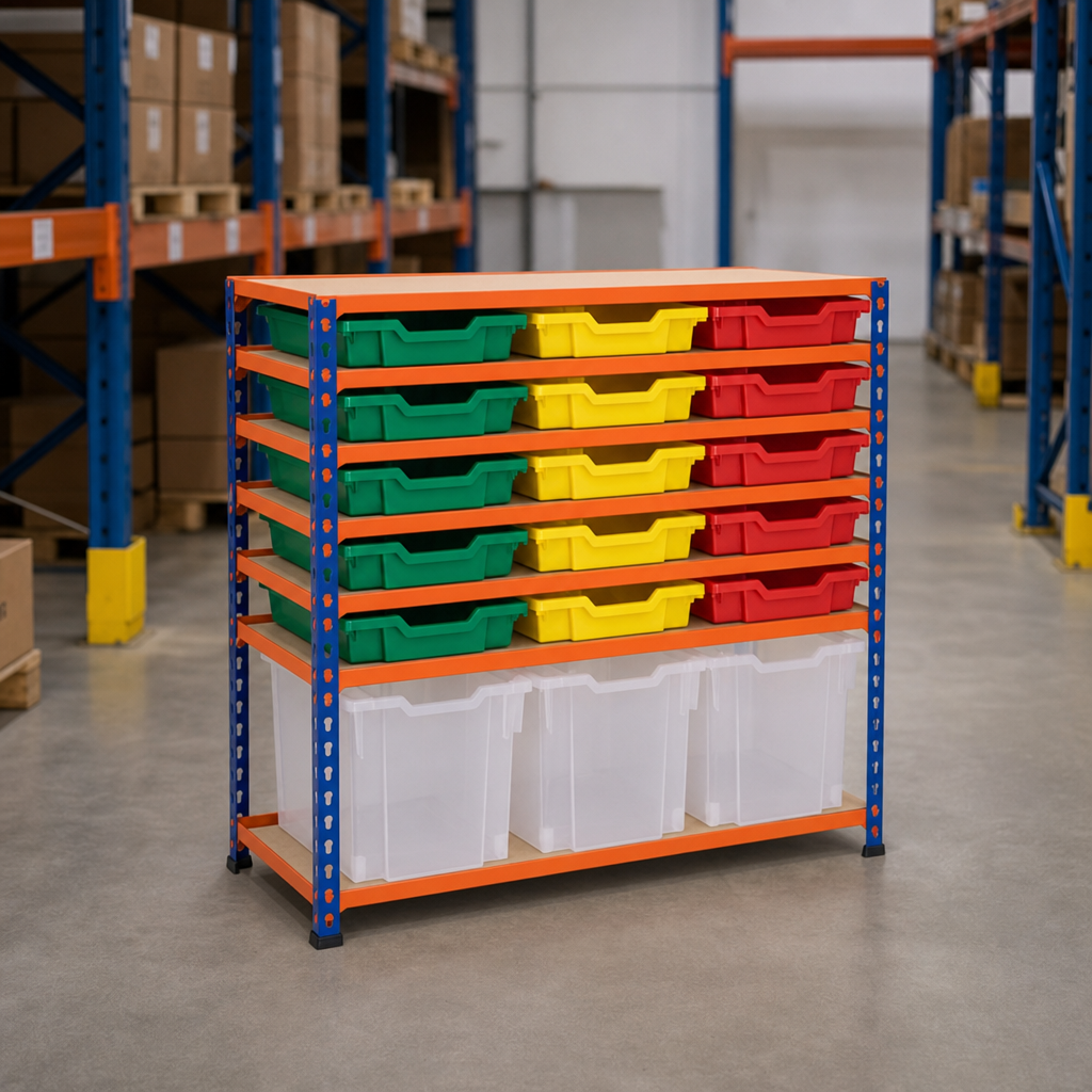 Low Level Shelving Unit with 18 Plastic Storage Trays