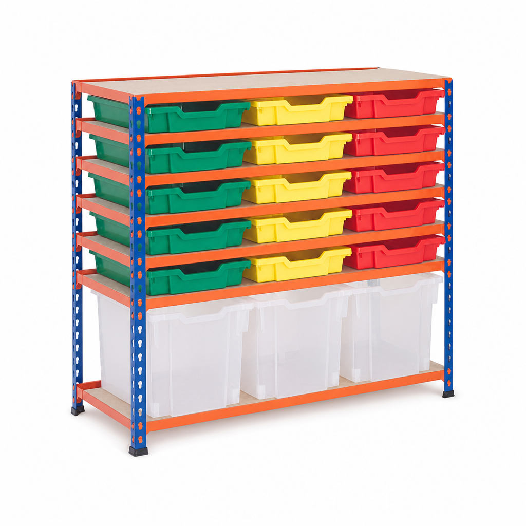 Low Level Shelving Unit with 18 Plastic Storage Trays