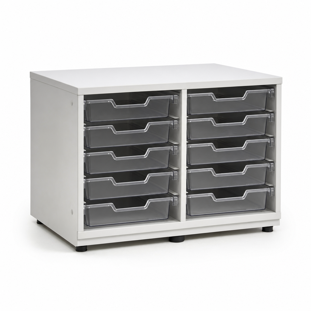 Low Melamine Tray Storage Unit with Clear Trays