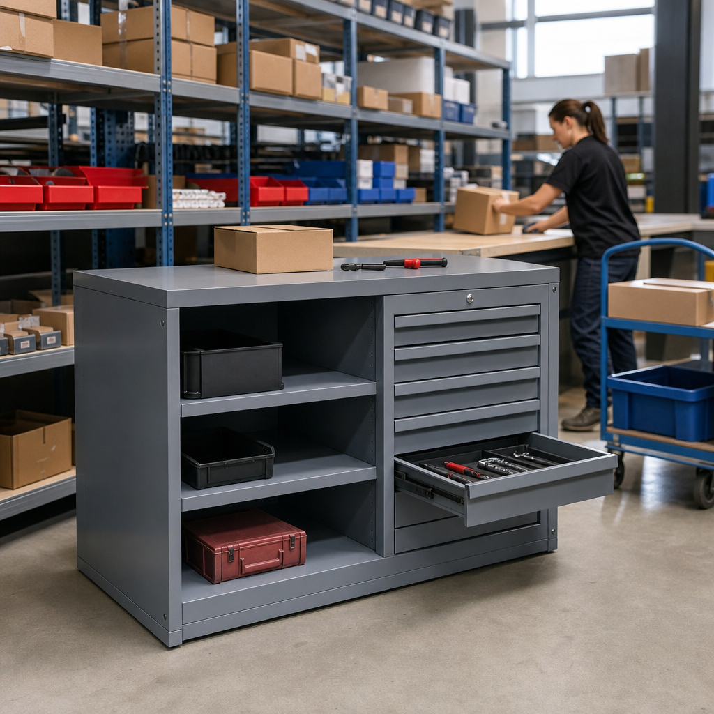 Low Metal Workshop Cupboard with Drawers and Shelves
