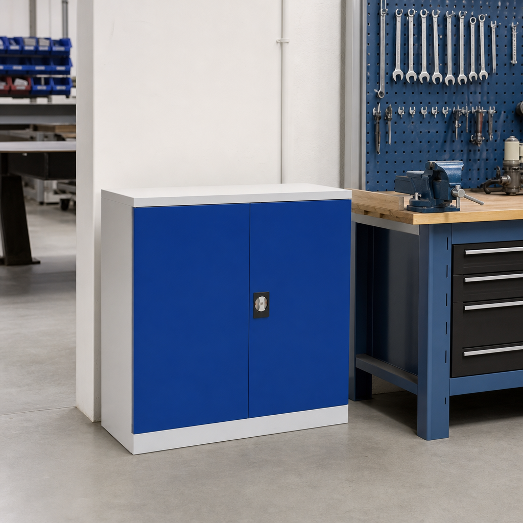 Low Metal Workshop Cupboard with Drawers and Shelves