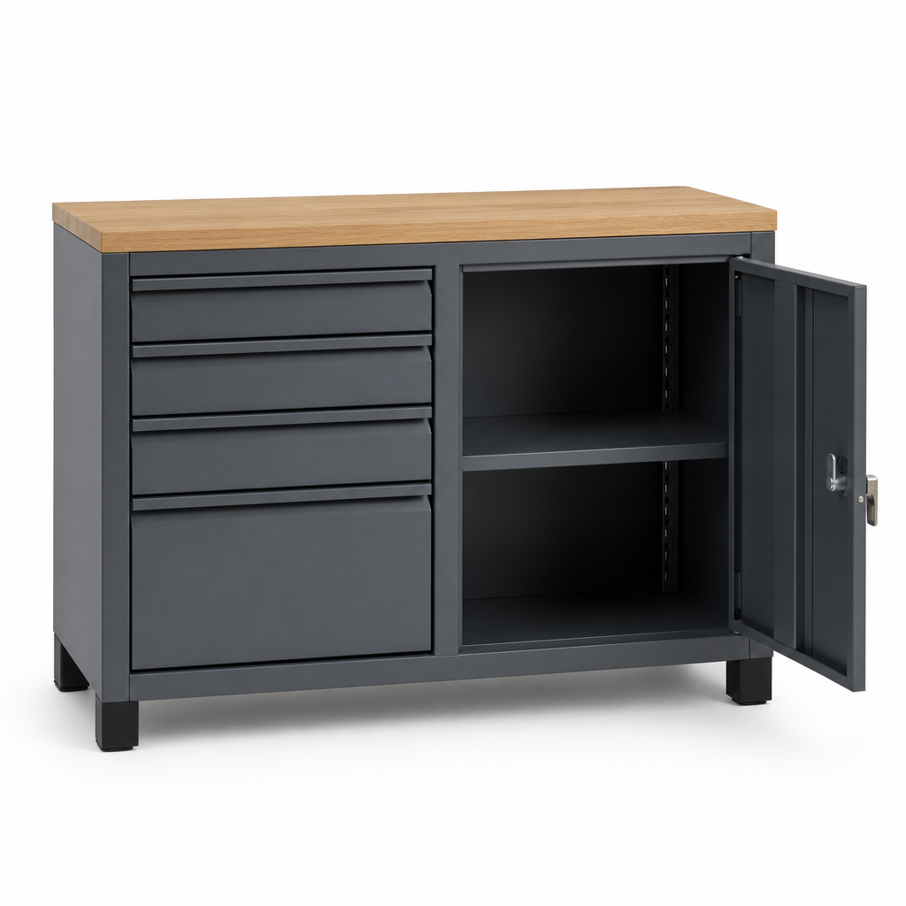 Low Metal Workshop Cupboard with Drawers and Shelves