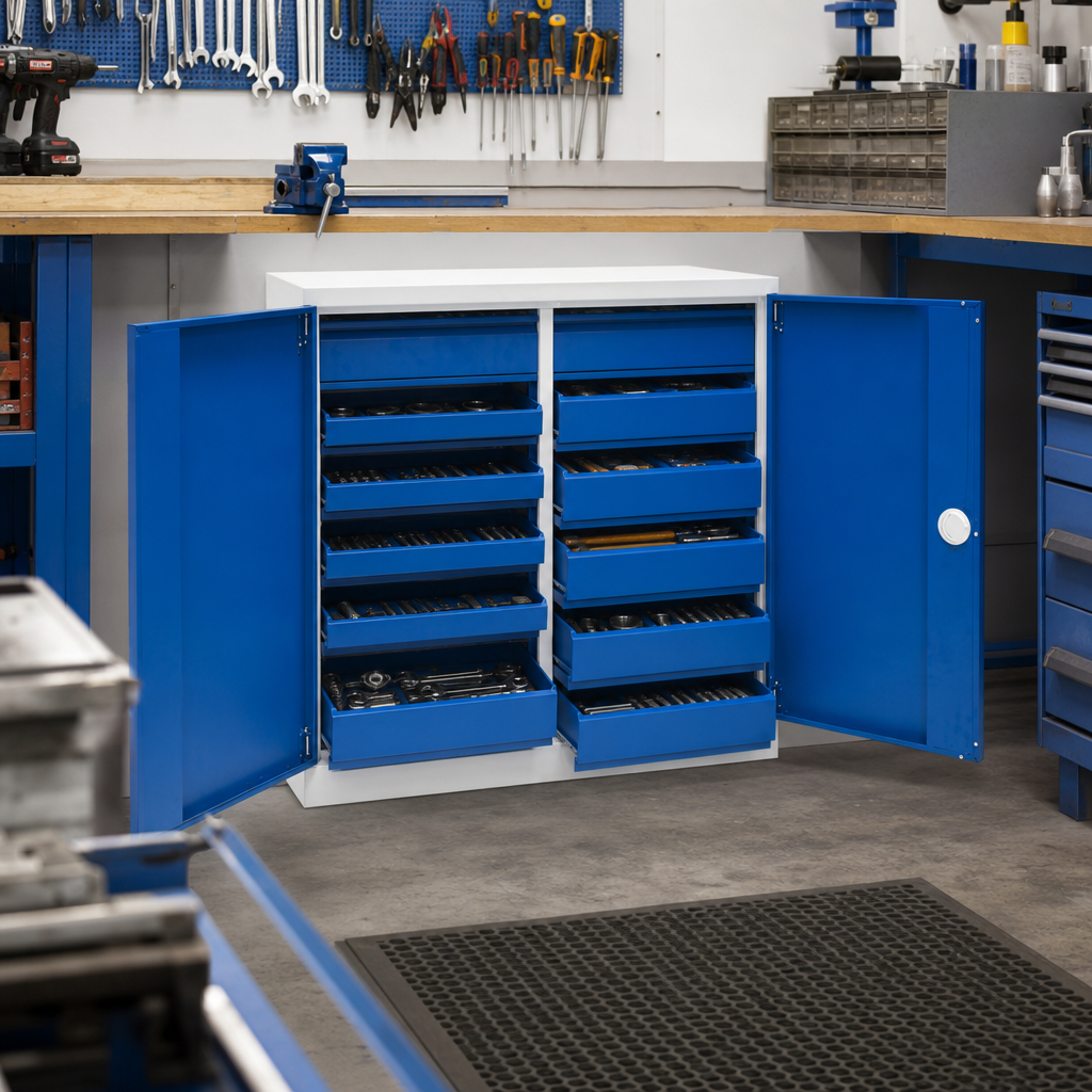 Low Metal Workshop Cupboard with Drawers and Shelves