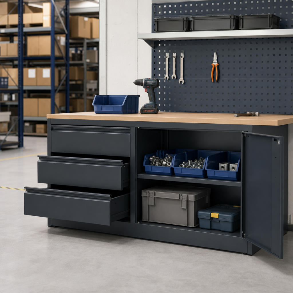 Low Metal Workshop Cupboard with Drawers and Shelves