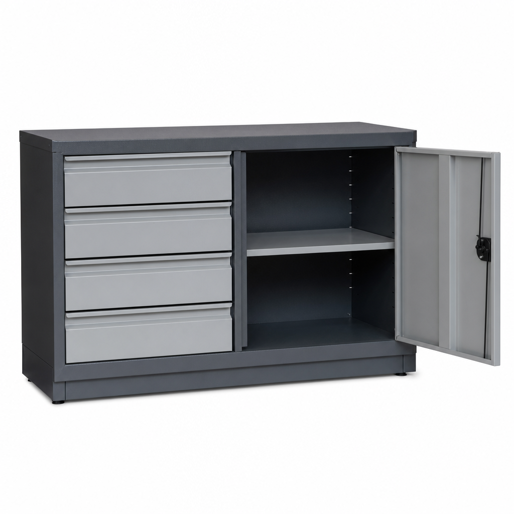 Low Metal Workshop Cupboard with Drawers and Shelves