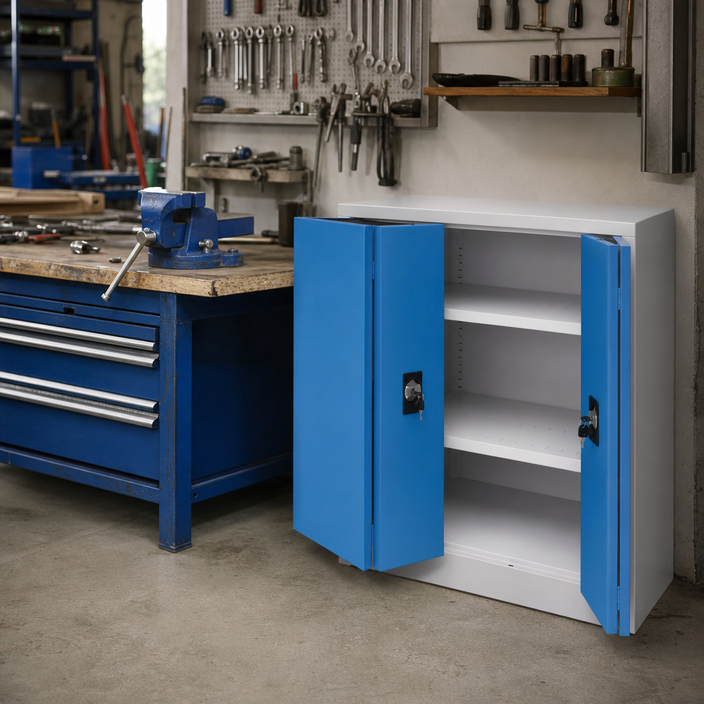 Low Steel Cabinet with 2 Space-Saving Bifold Doors