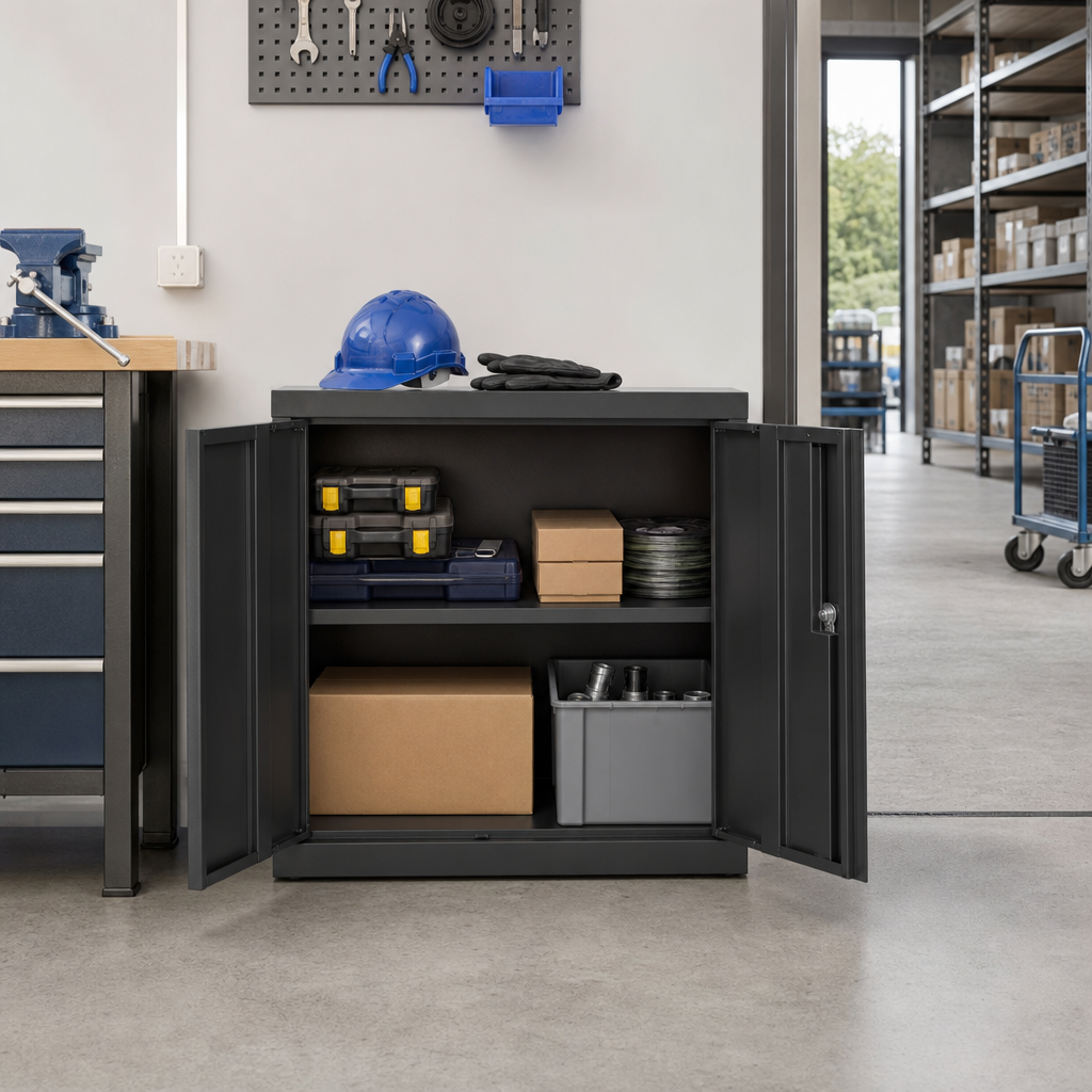 Low Steel Cabinet with 2 Space-Saving Bifold Doors