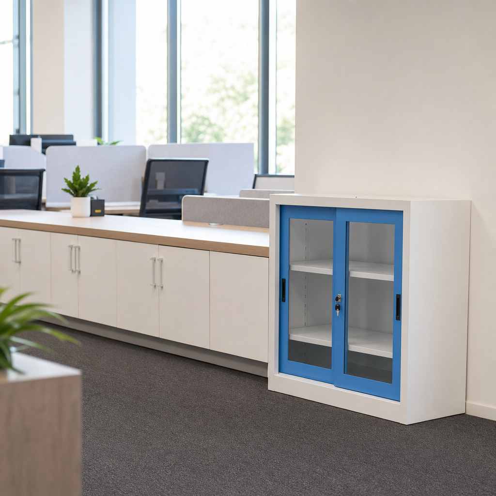 Low Steel Cabinet with Sliding Doors 100cm Wide