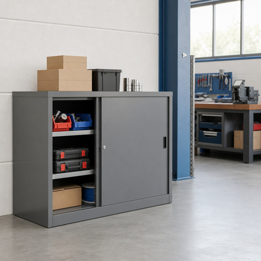Low Steel Cabinet with Sliding Doors 100cm Wide