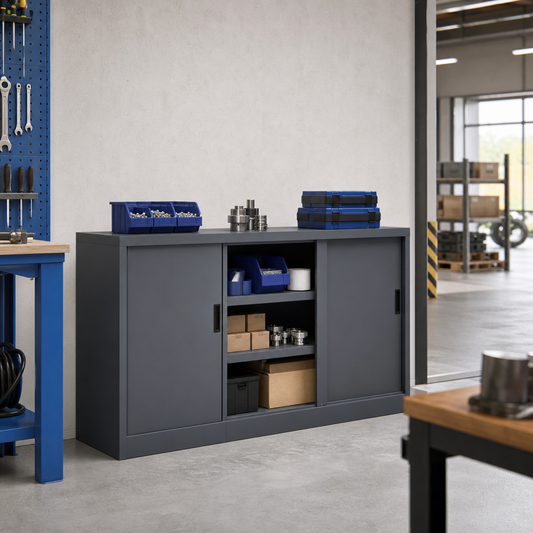 Low Steel Cabinet with Sliding Doors 1500mm Wide